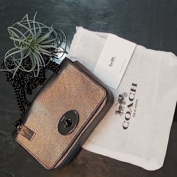 Coach Pebbled Leather Bronze/Black Crossbody/Shoulder Mini Bag With Chain Strap - Picture 16 of 16